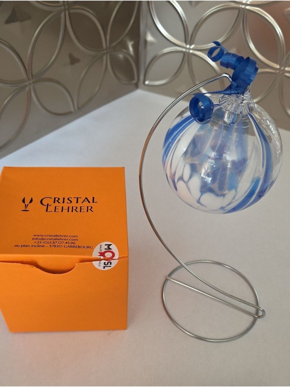 Cristal Lehrer French Hand-Blown Art Glass Sphere Blue/White Swirl Ornament